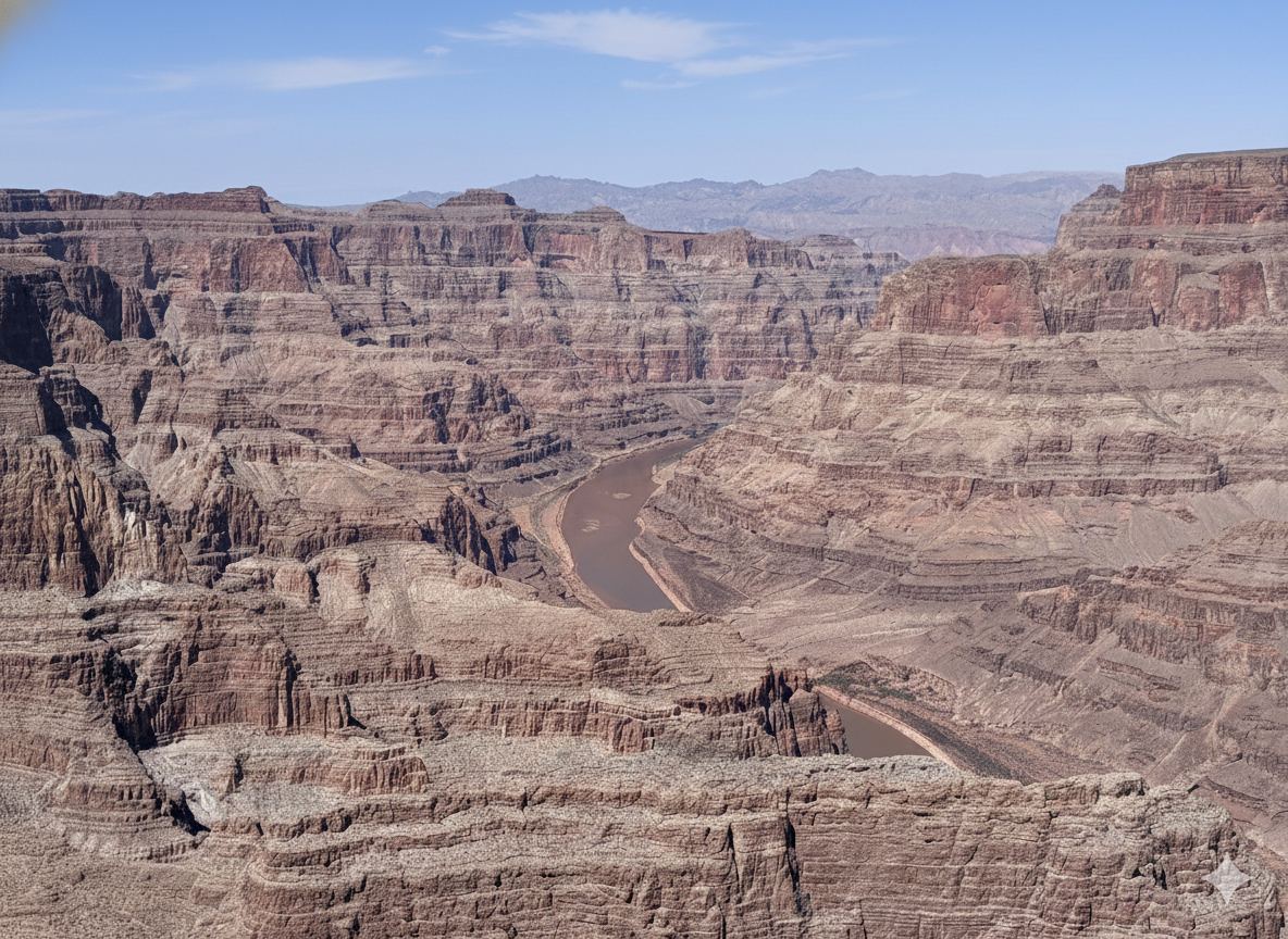 Grand Canyon view showing horizontal sedimentary rock layers on canyon walls and the Colorado River below.
