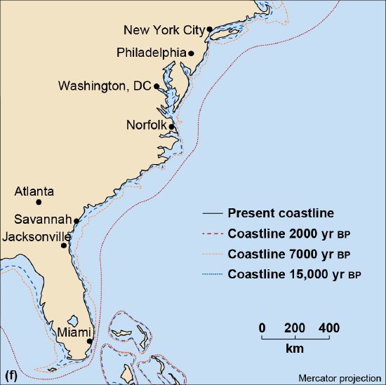 Map of past coastlines for the U.S. eastern coast