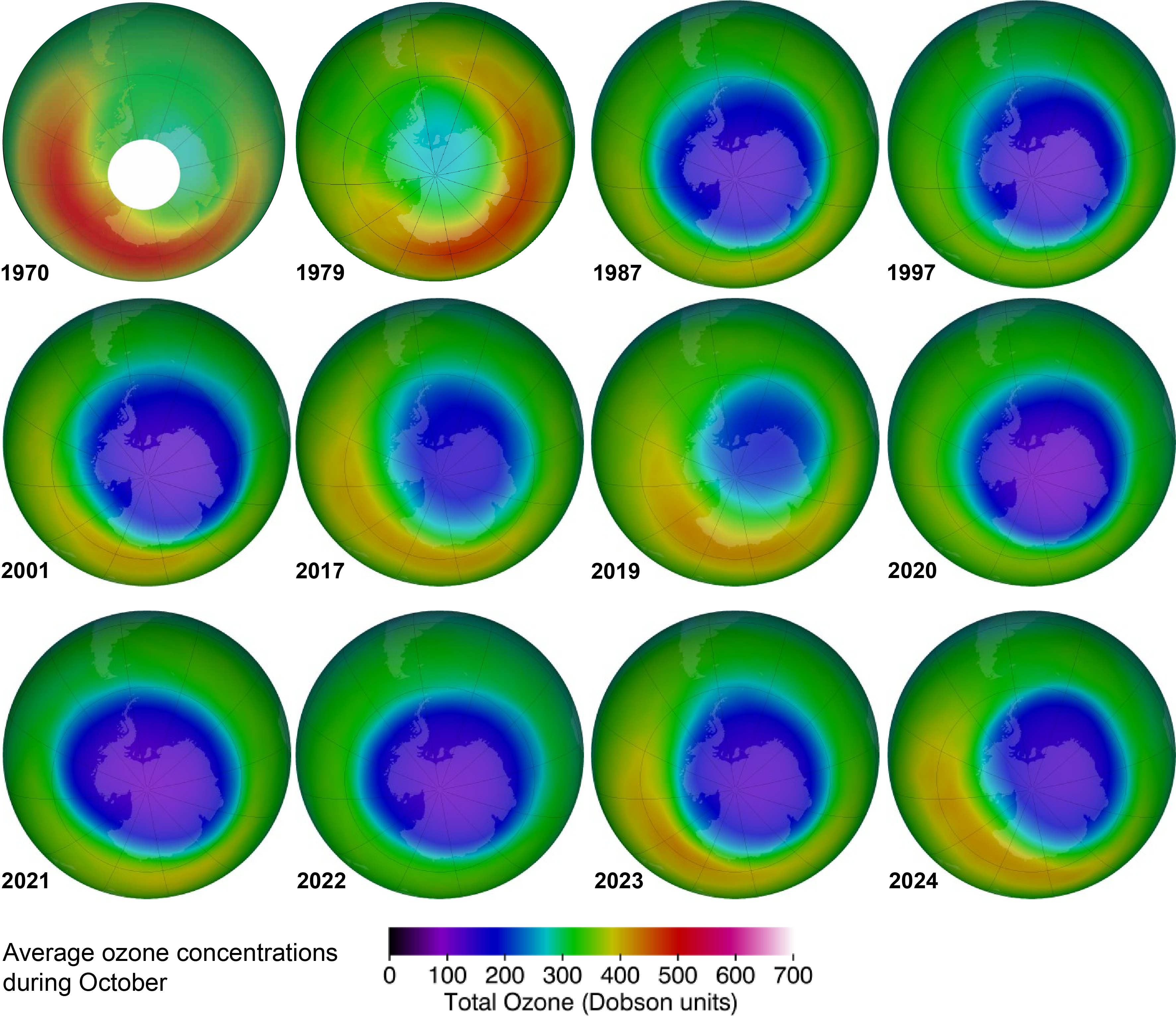 Twelve views of Antarctica of the ozone concentration, which is around 300 to 500 in 1979 then 100 to 200 from 1987 onward, with the most improvement in 2019, though it drops after that again