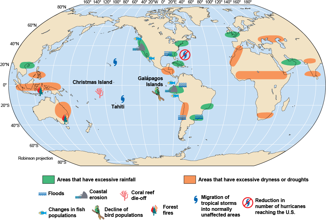 Global map of drought, floods, coastal erosion, fires and other El Ni&ntilde;o effects