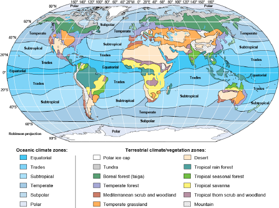 Global map of oceanic and terrestrial climate zones
