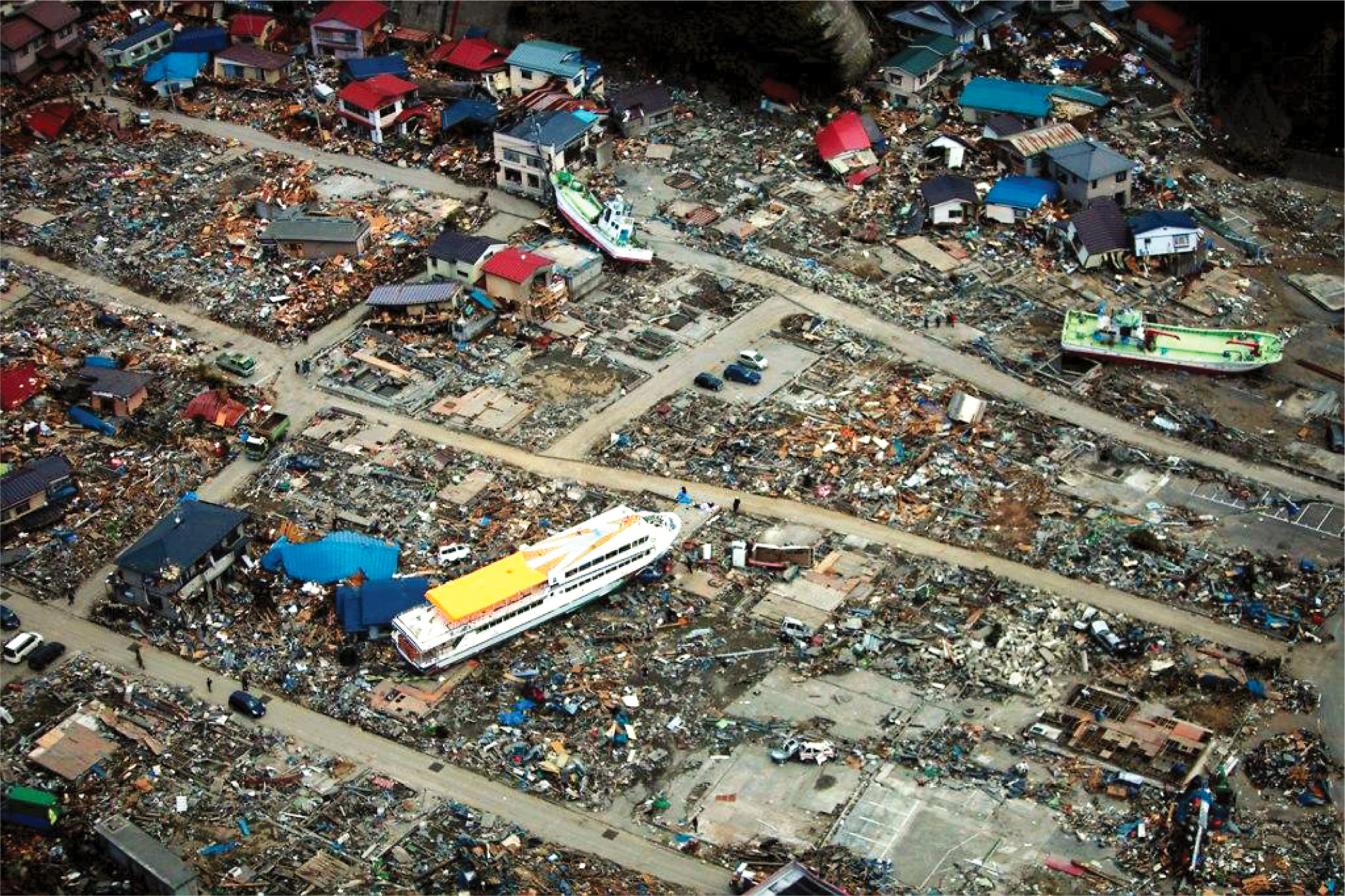 Aerial view of buildings destroyed by a tsunami