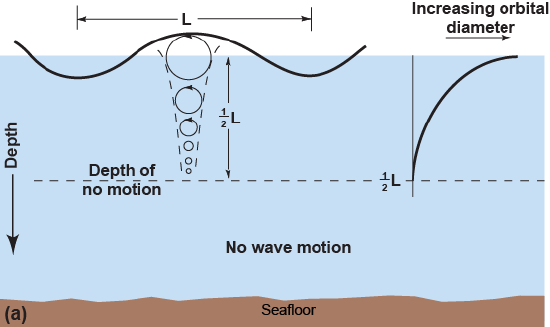 The vertical circular motion of wave decreases with depth