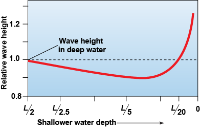Relative wave heights initially decreases with shallower water then increases rapidly