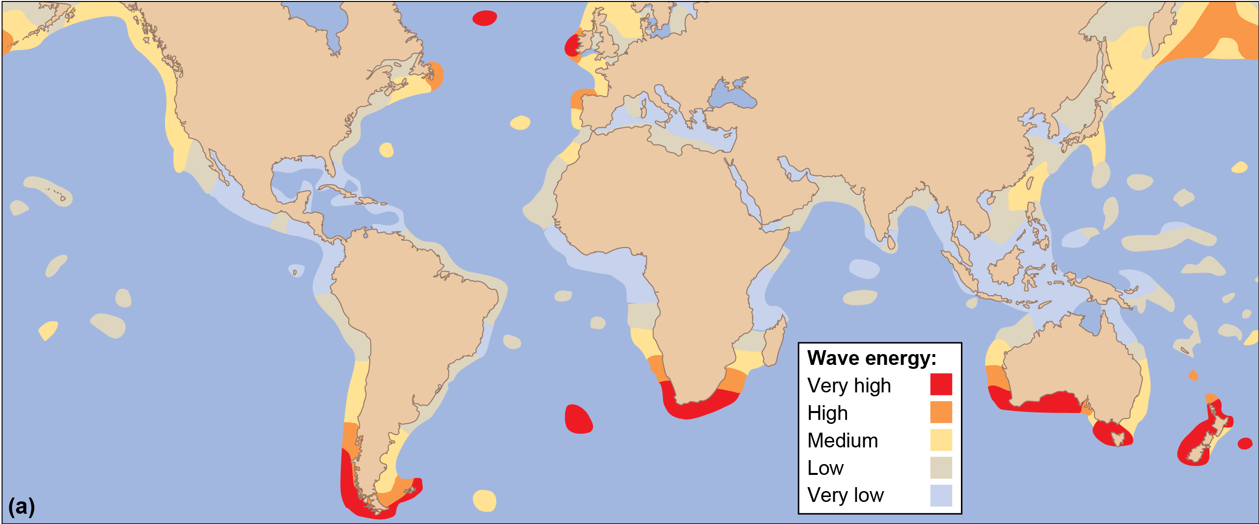 Global map showing wave energy from red, highest, generally in the high latitudes to light blue, very low, generally just south of the equator