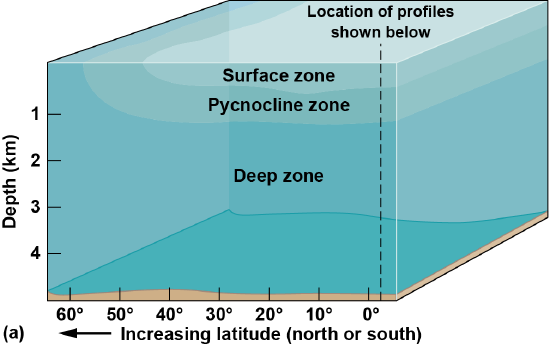 Graph of the surface zone, pycnocline and deep zone by depth and latitude 