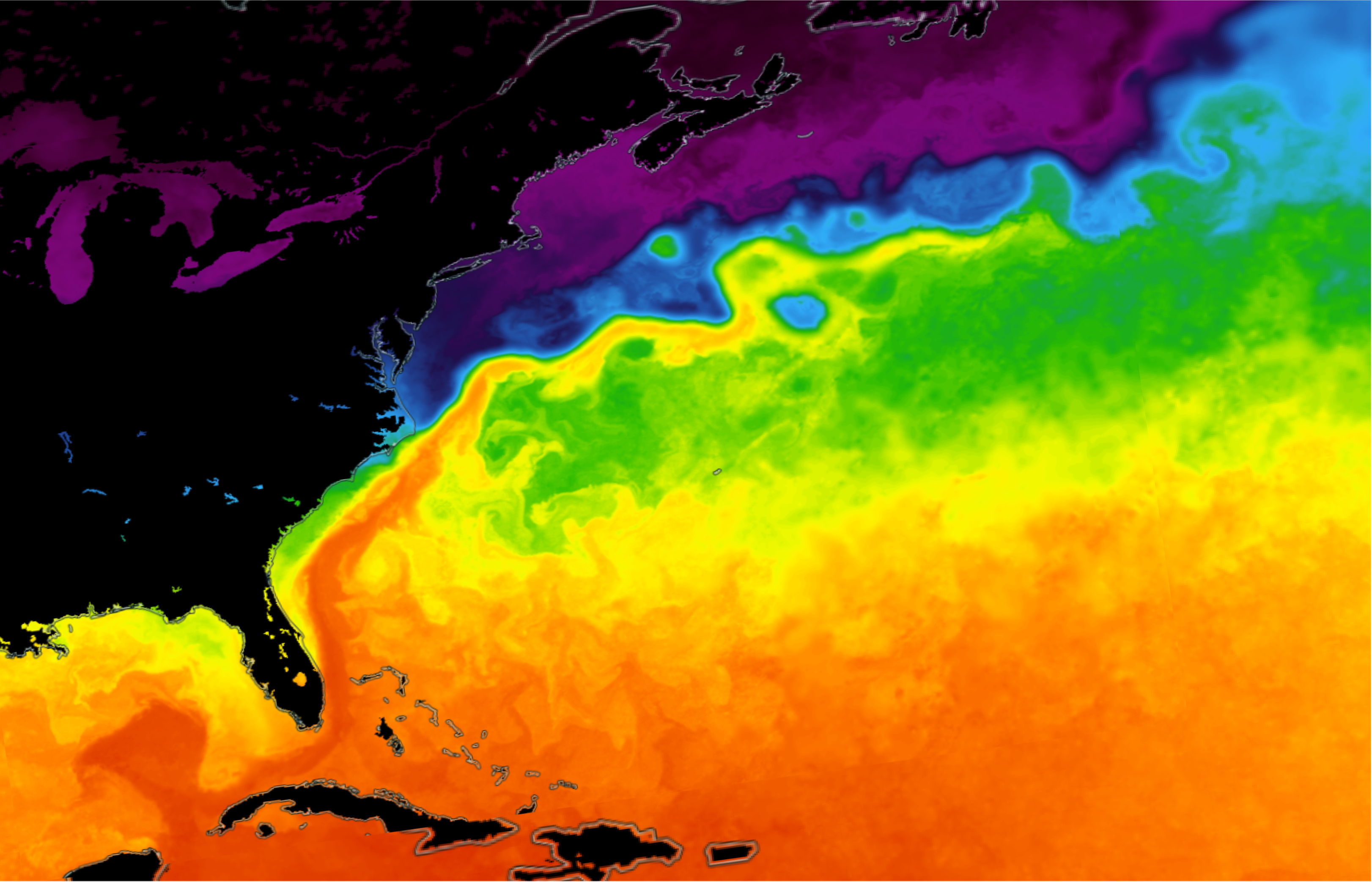 Water temperatures of U.S. and Canadian coast for the North Atlantic, warmer oranges and reds in the south to blues to dark purple in the north
