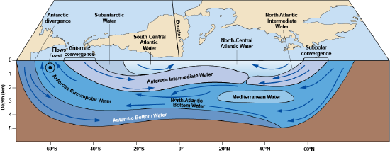 Profile by depth of different water masses in the Atlantic by latitude