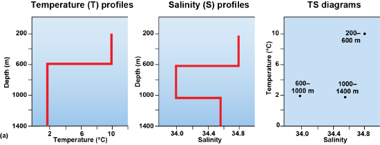 Stepwise temperature and salinity profiles, with a TS diagram