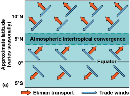Wind flow and Ekman transport along the equator and northward
