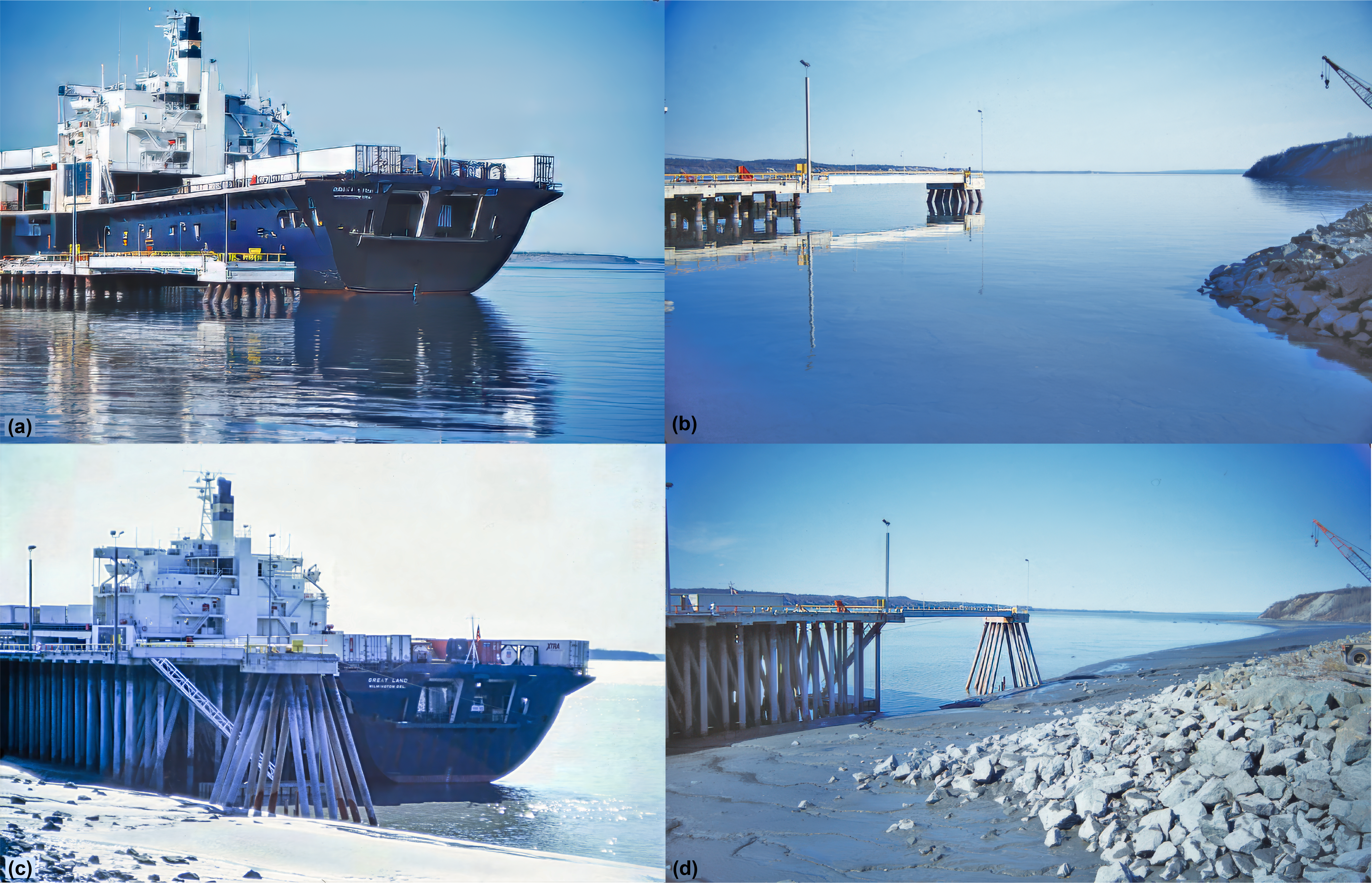 Comparison of high and low tide beside a boat and a dock