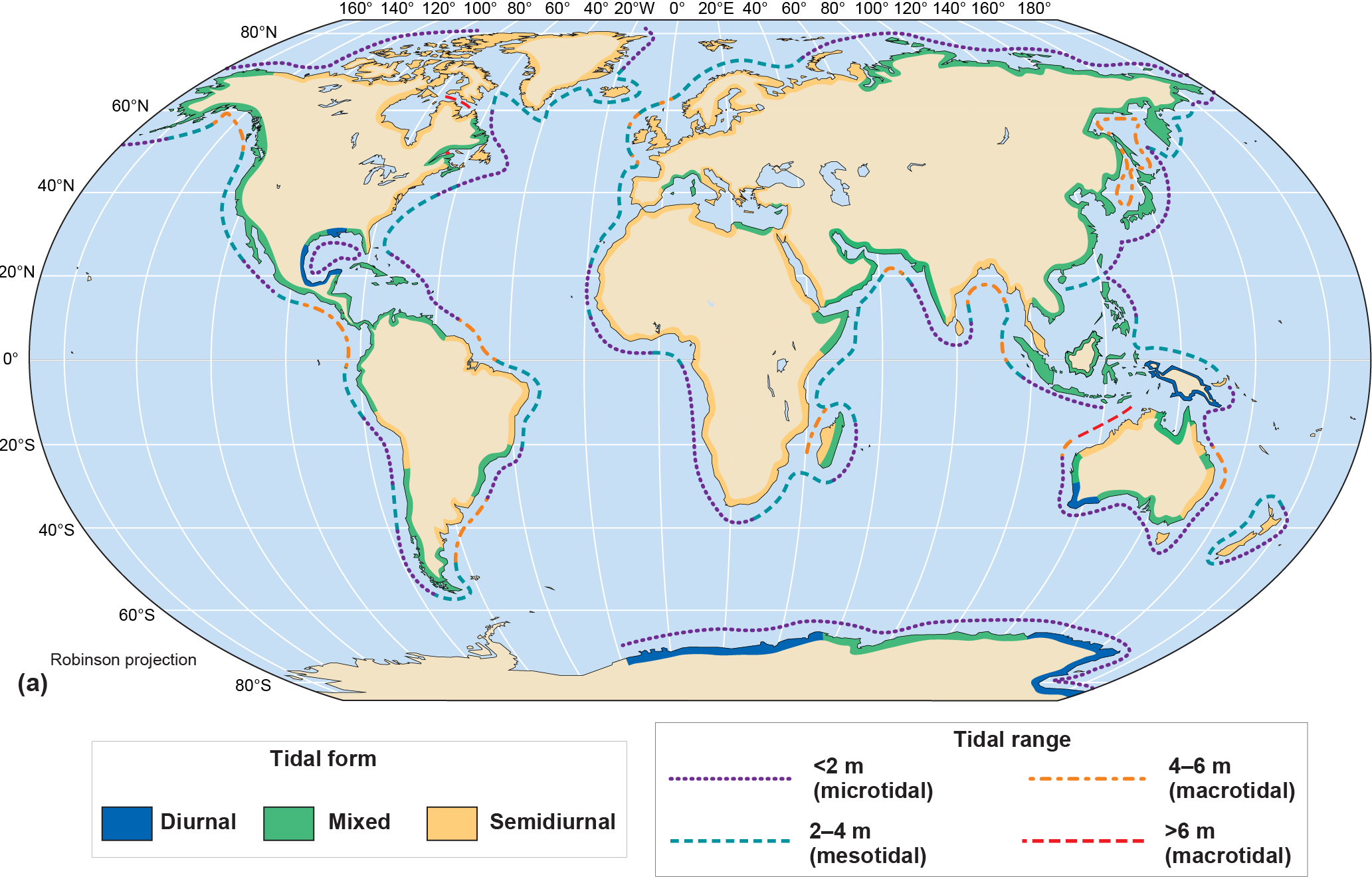 World map with types of tide for diurnal, mixed and semidiurnal tides