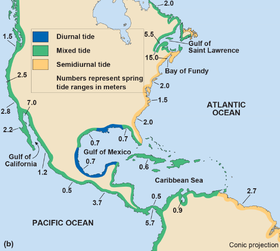 North American and Caribbean Sea with types of tide for diurnal, mixed and semidiurnal tides