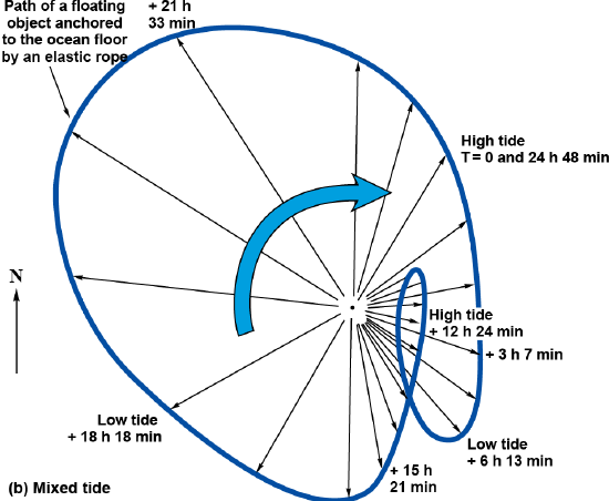 Circular path but with a loop of an object anchored to the ocean floor in a mixed tide