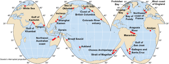 World map with red dots for locations that could support large scale tidal power-generating plants