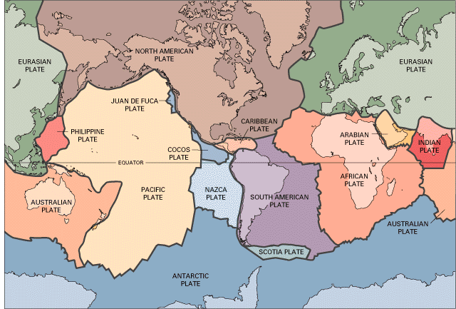 A world map illustrating the Earth's tectonic plates.