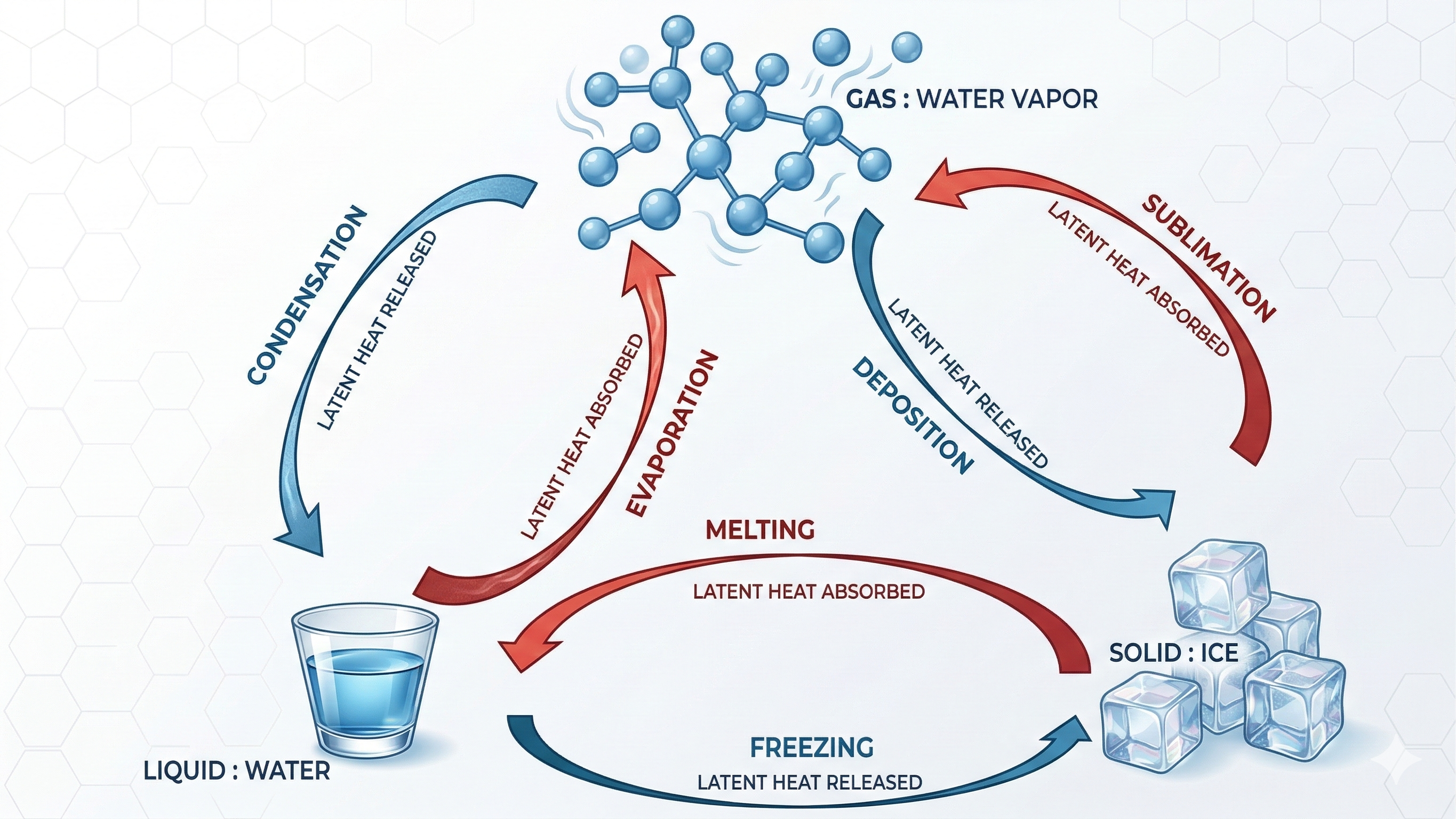 Water phase changes with latent heat: melting, freezing, evaporation, condensation, sublimation, deposition.