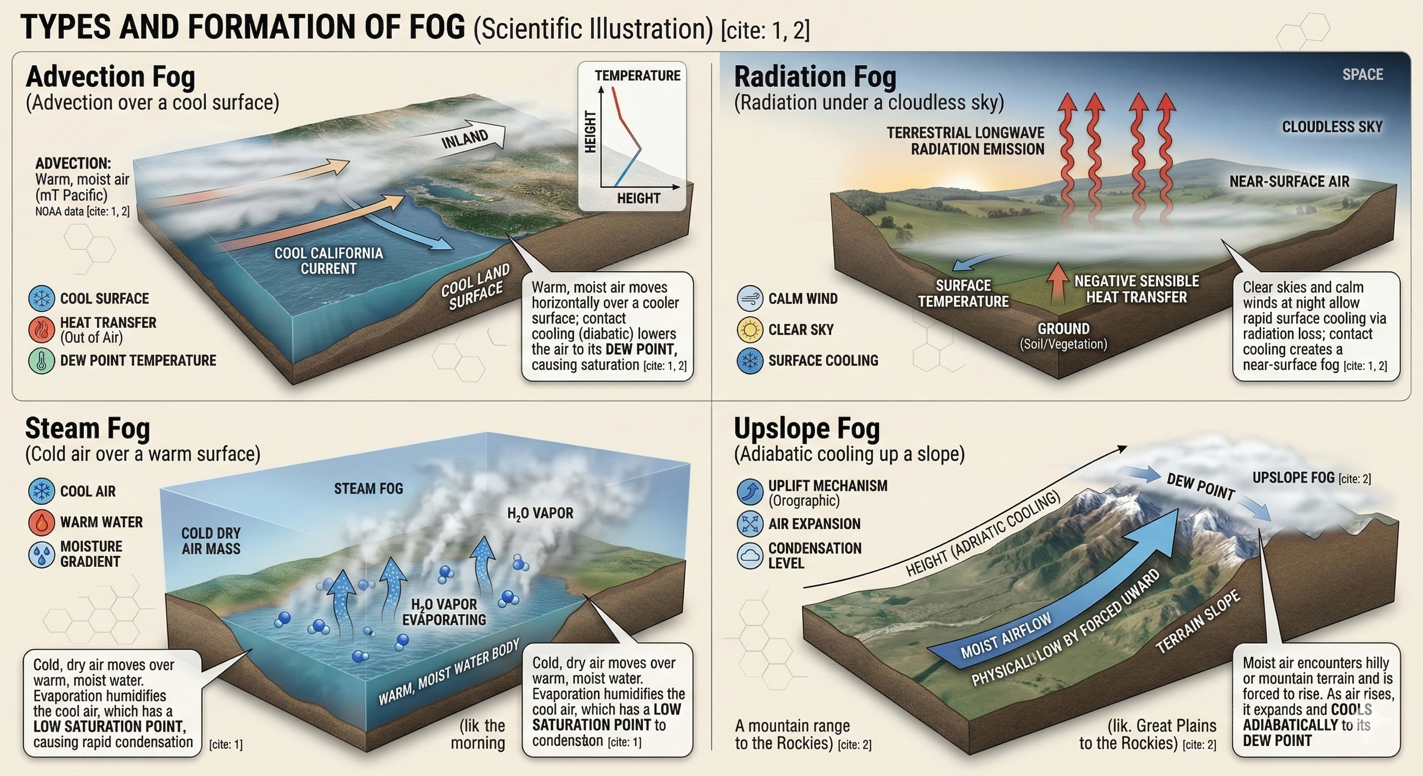 Four fog types: advection, radiation, steam, and upslope.