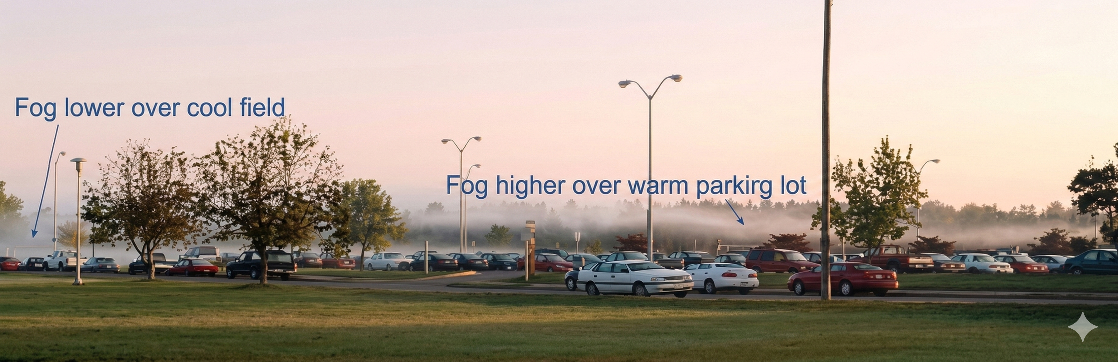 Fog lies lower over cool grass and higher over warmer parking lot.