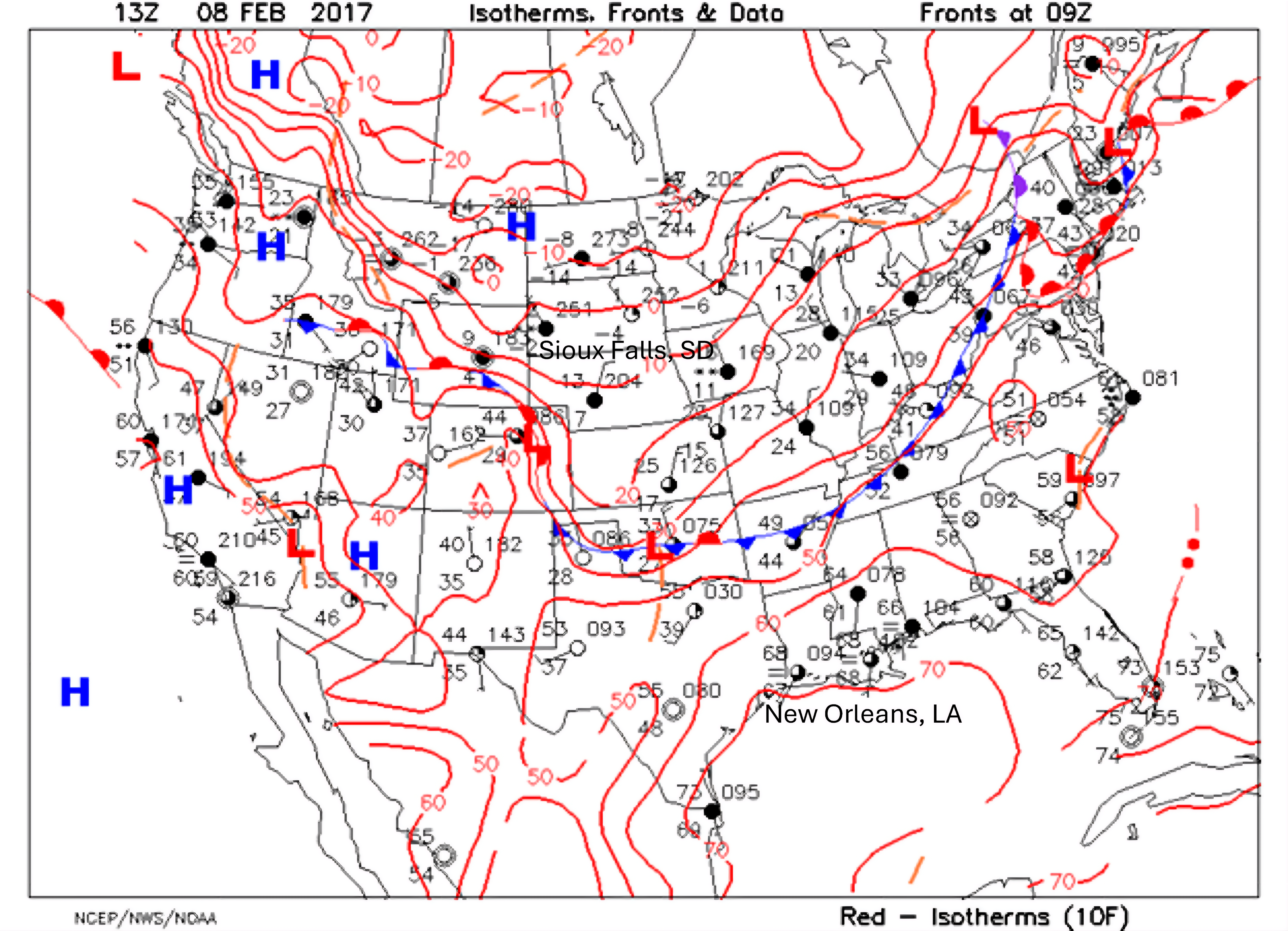 U.S. surface weather map on 1300 UTC on February 8, 2017. Details in caption.