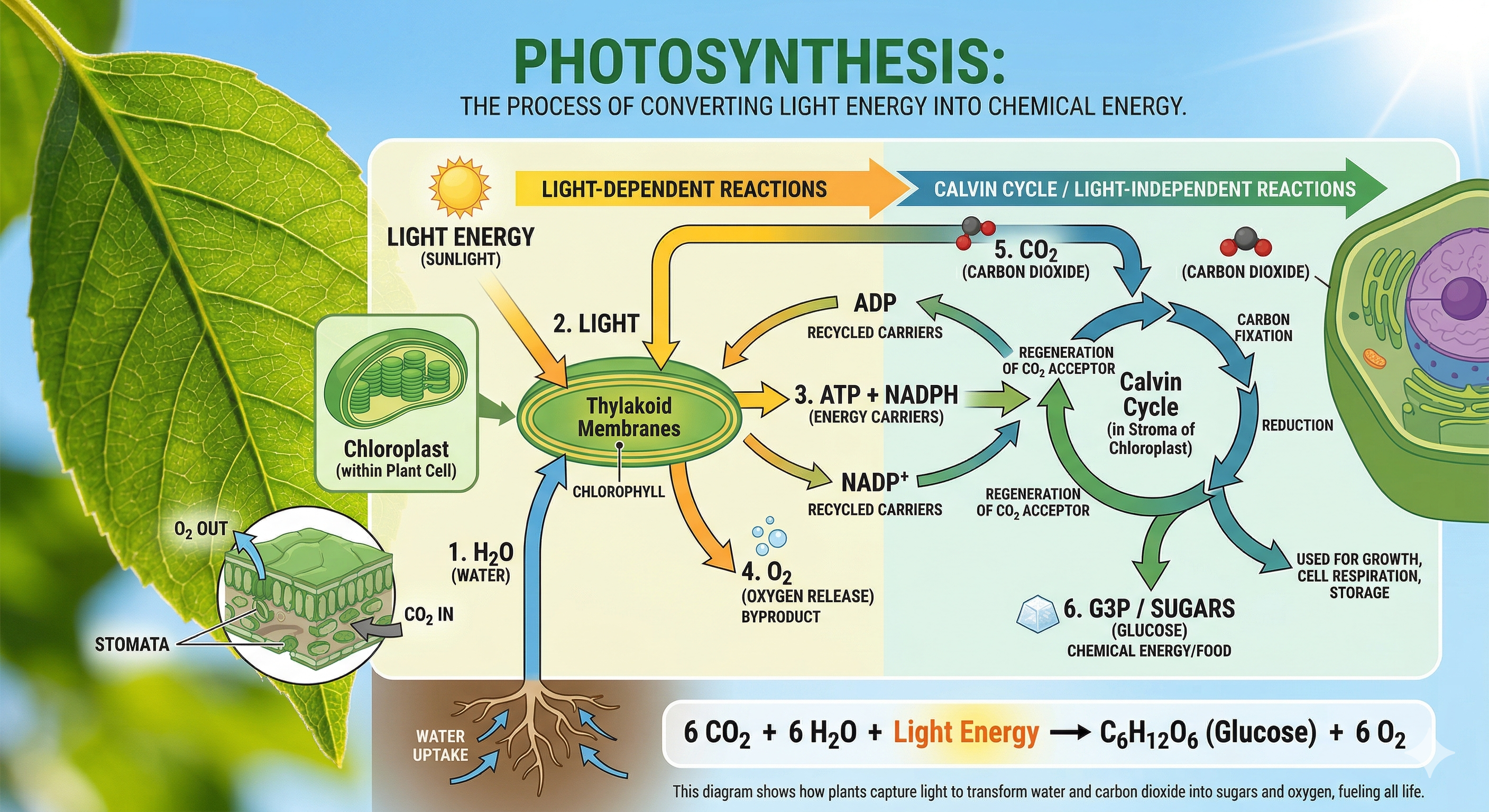 Light reactions and the Calvin cycle producing sugars from water and carbon dioxide.