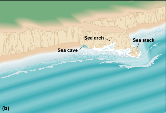 Diagram of a sea cave, sea arch and sea stack
