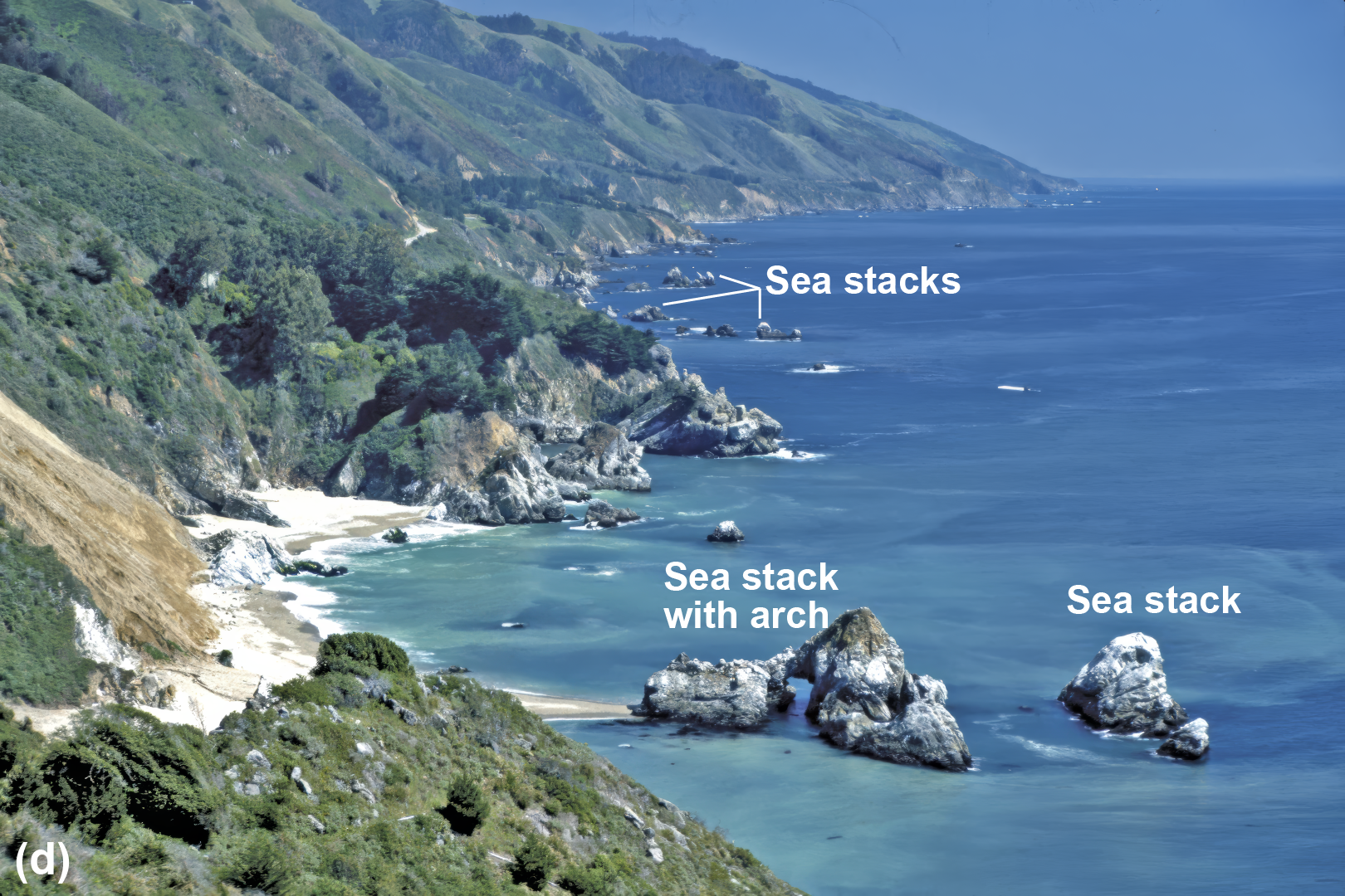 Rocky coastline with sea stacks, and a sea stack with an arch