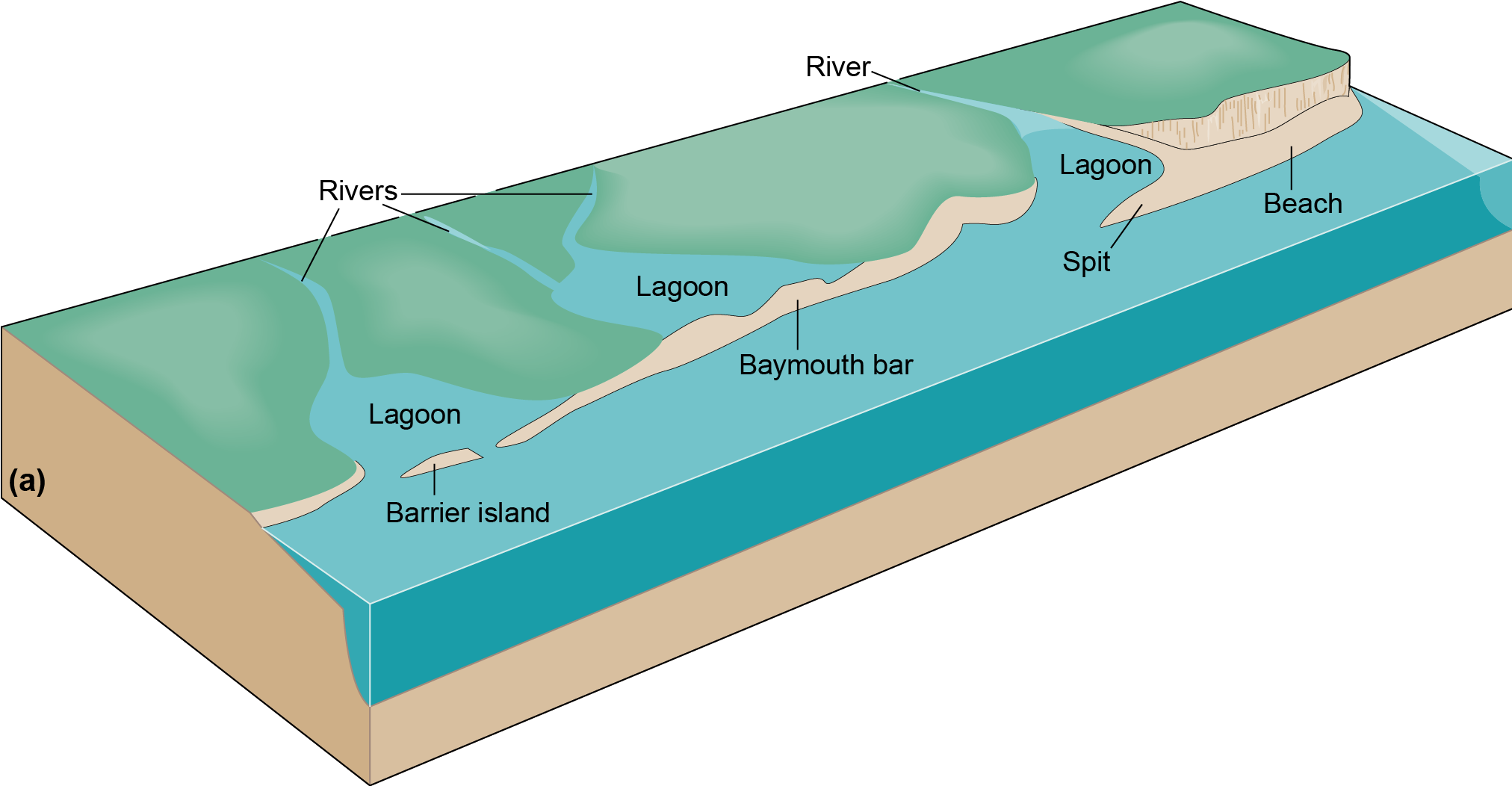 Diagram of spits, baymouth bars, barrier islands, and lagoons