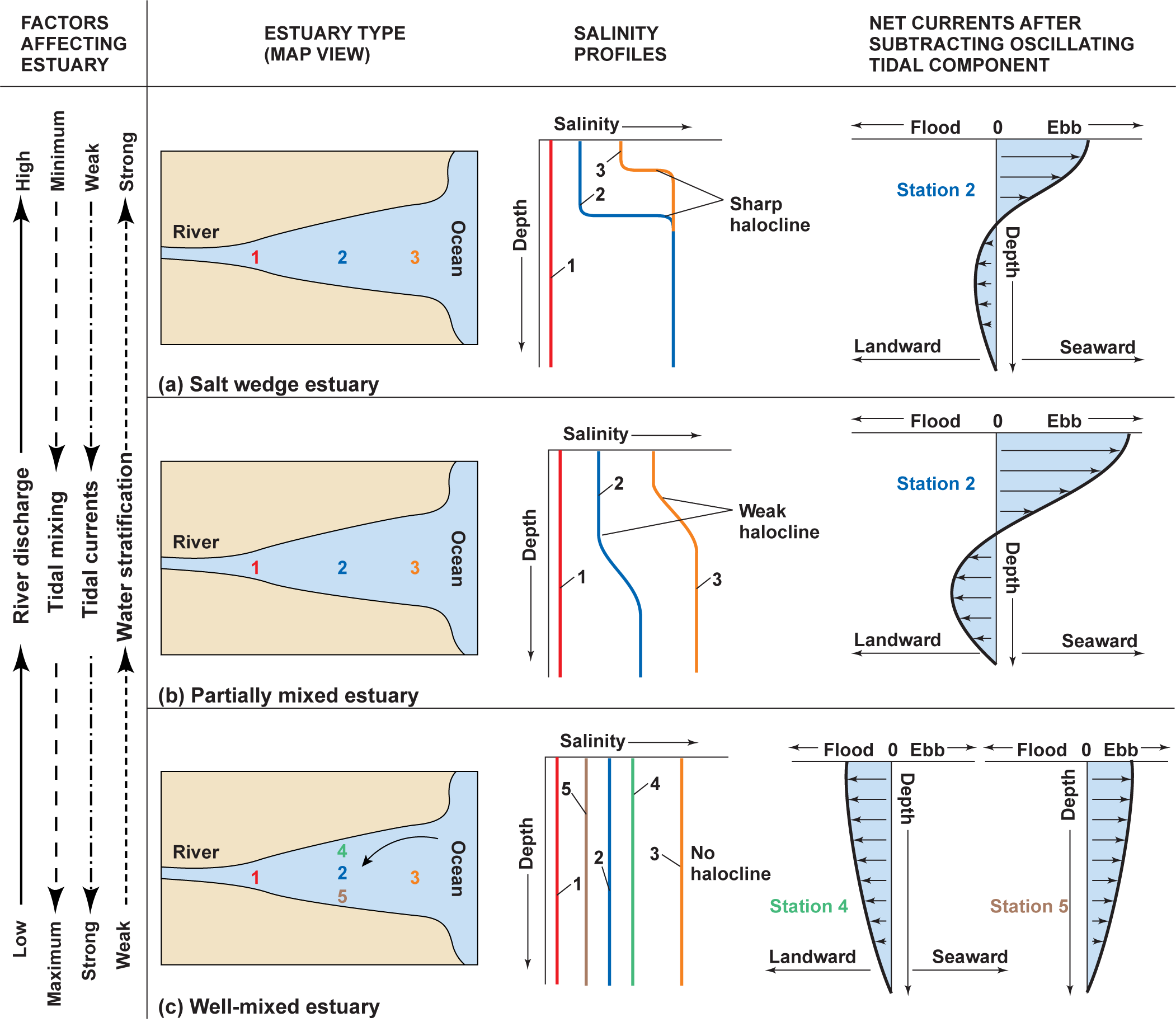 Map view, salinity profile and net currents of salt wedge, partially mixed and well-mixed estuaries