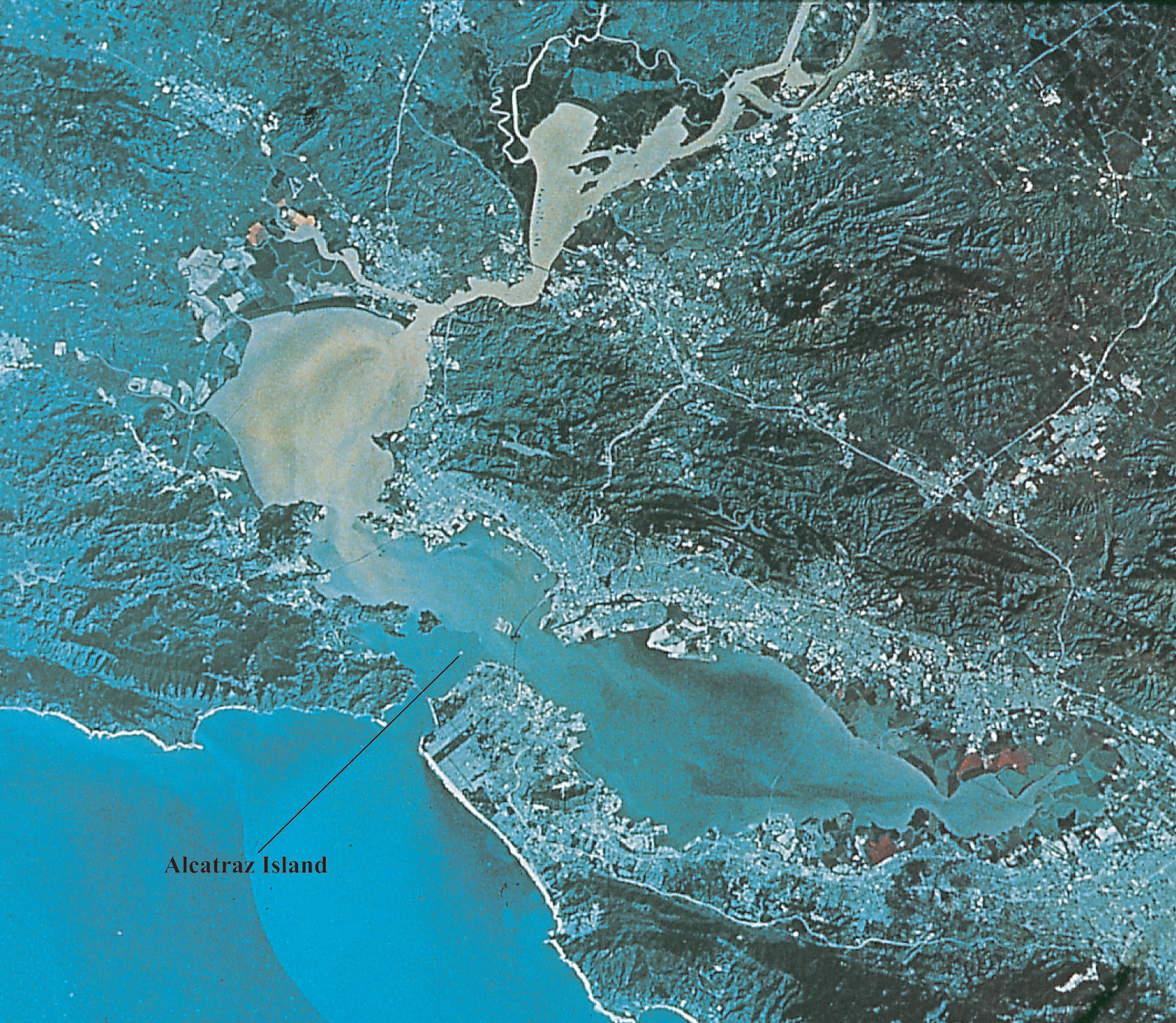 Alcatraz Island and surrounding San Francisco Bay from above