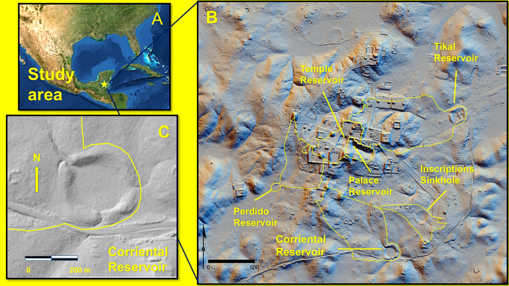 Map showing a study area in Central America with labeled reservoirs.