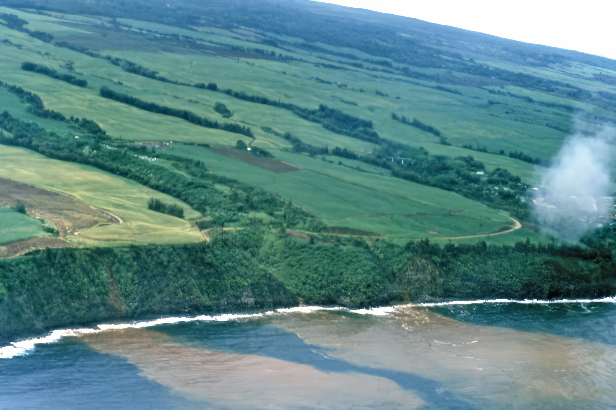 Farmland next to the ocean with grown runoff in the river