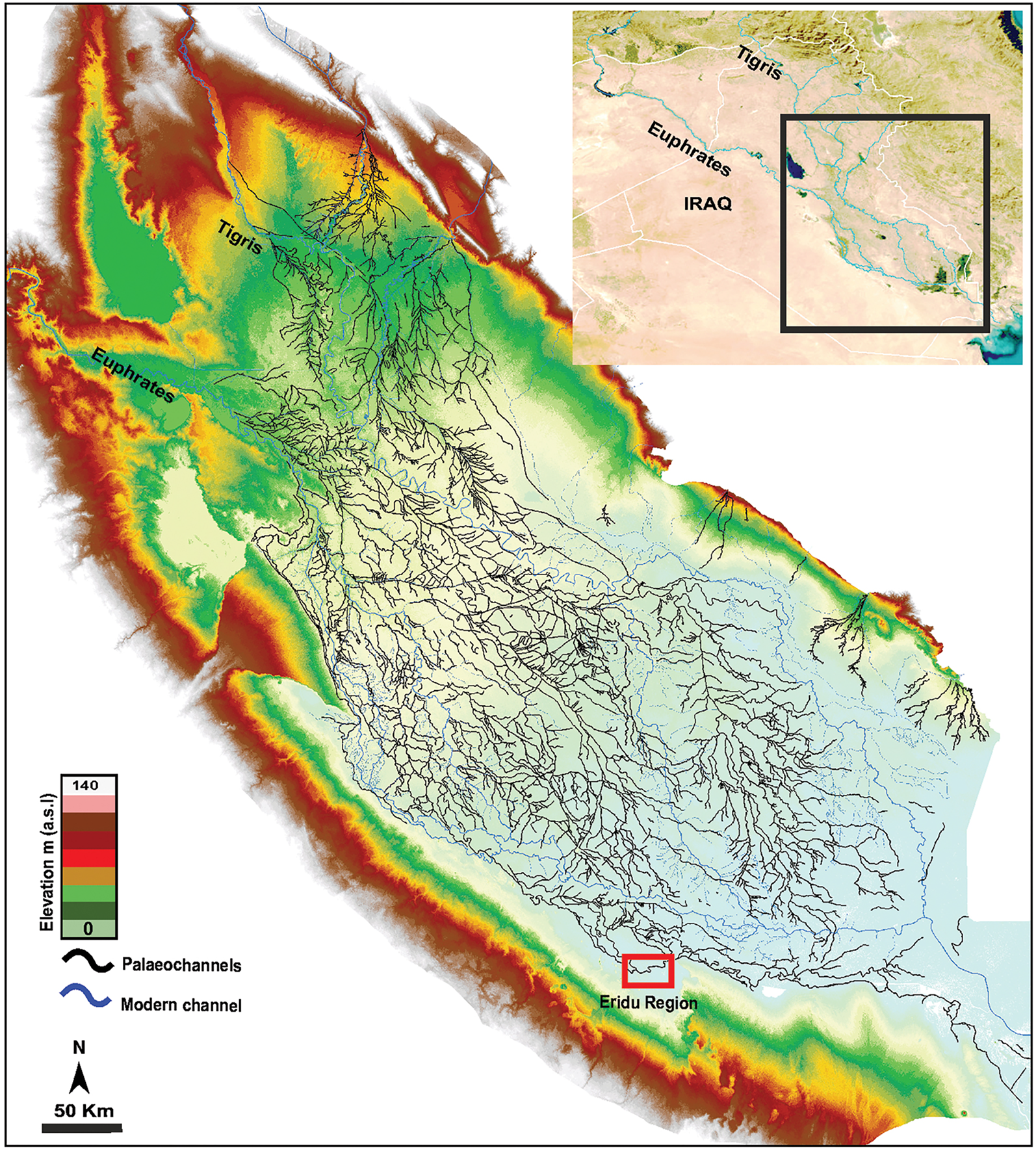 Topographic map of the Tigris and Euphrates rivers, showing river channels.