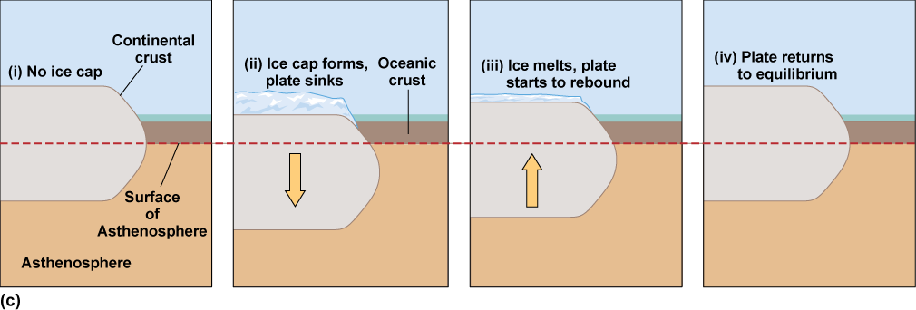 Diagram of a continental crust sinking under ice and rebounding