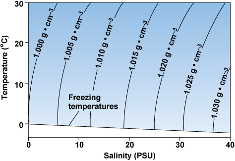 Water density graph of temperature versus salinity with lines of equal density