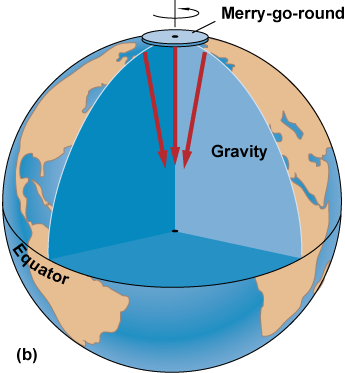 The force of gravity is the center of the rotating Earth