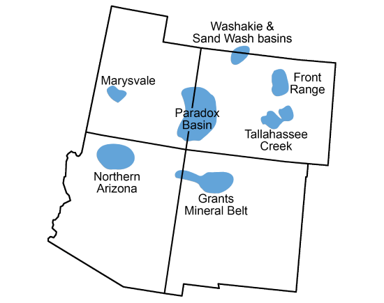 Map showing AZ, CO, NM, and UT with uranium deposits shaded in blue. Deposits are the Marysvale, Paradox Basin, Washakie and Sand Wash basins, Northern Arizona, and Grants Mineral Belt.