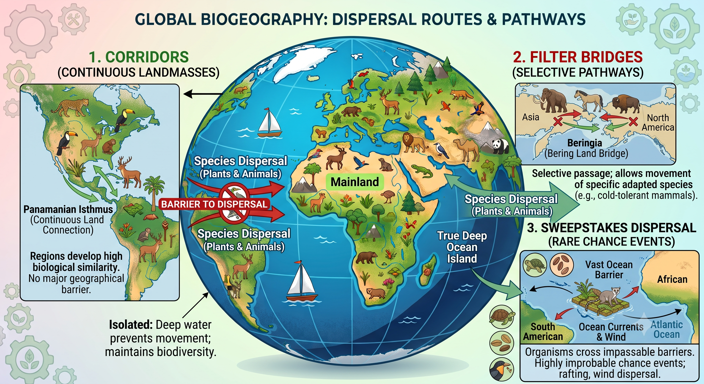 Three major routes of species dispersal: corridors, filter bridges, and sweepstakes dispersal.