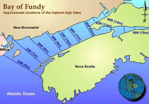 Map of the Bay of Fundy showing locations of the world's highest tides.