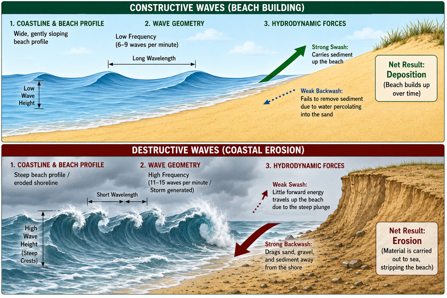 Infographic comparing constructive and destructive waves and their effects on beaches.