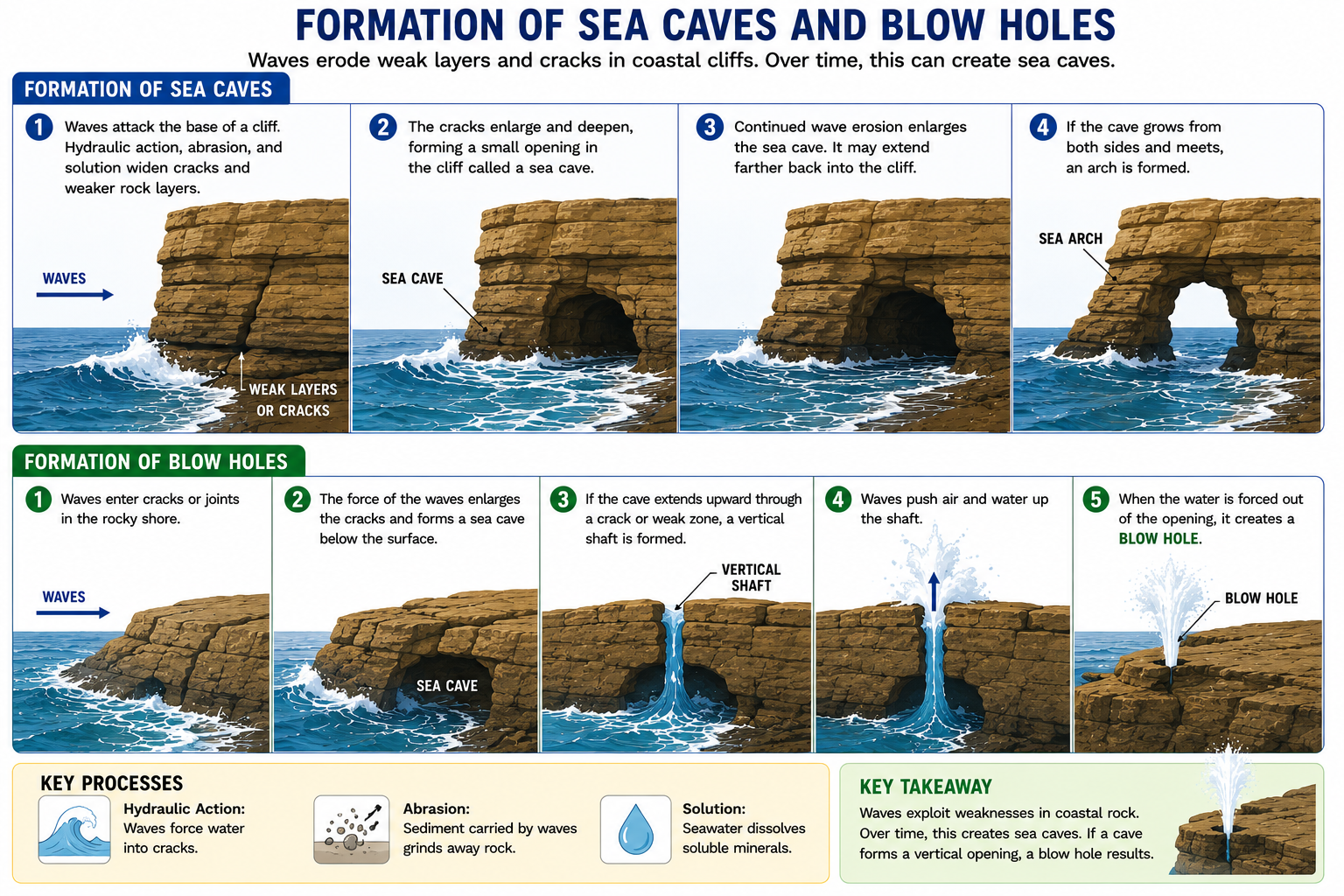 Infographic showing the formation of sea caves, sea arches, and blowholes through coastal erosion.