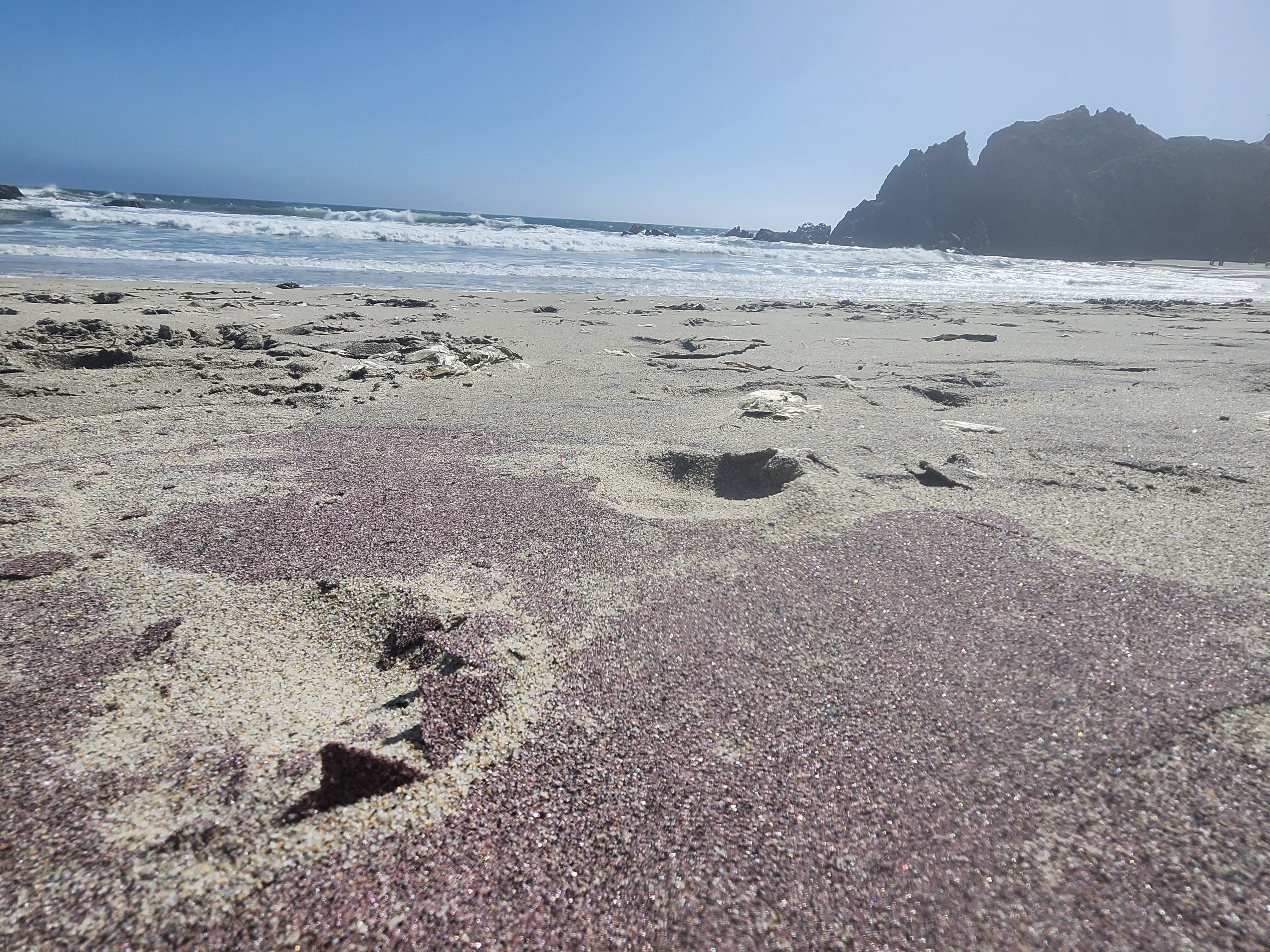 Purple sand beach with ocean waves and coastal cliffs.