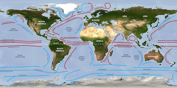Map of world with ocean currents