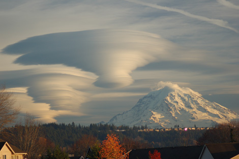 Lenticular clouds over Mount Rainier.