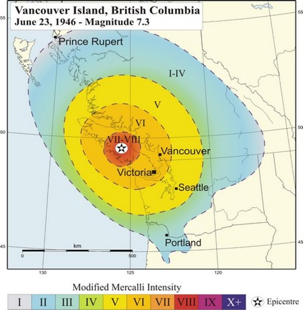 La intensidad graduada de un sismo de 7.3. Descripción de la imagen disponible.