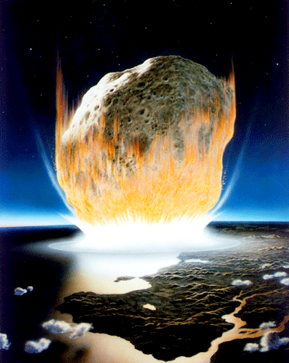 A drawing of an asteroid crashing into Earth's surface.