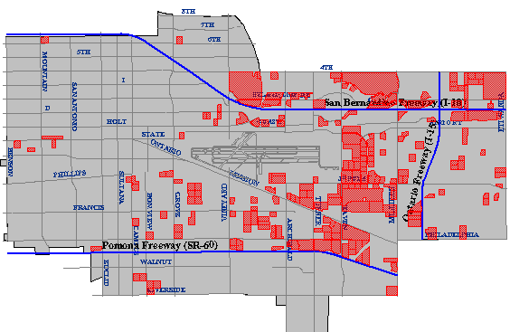 Mapa de parcelas inmobiliarias de cinco acres o más en Ontario California