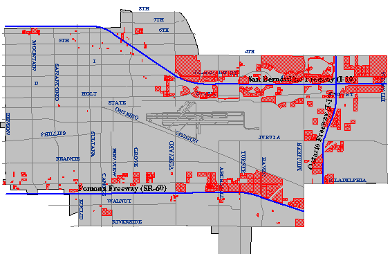 Mapa de encomiendas dentro de una milla del área de influencia de una carretera en Ontario California