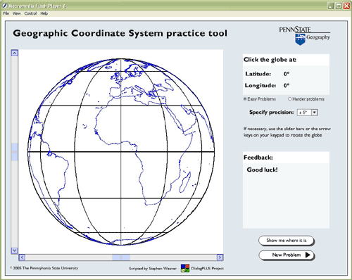 Screenshot of the Geographic Coordinate System practice application