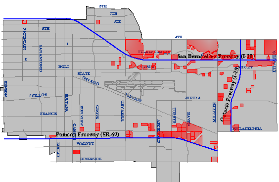 Map showing parcels that meet all search criteria in Ontario California